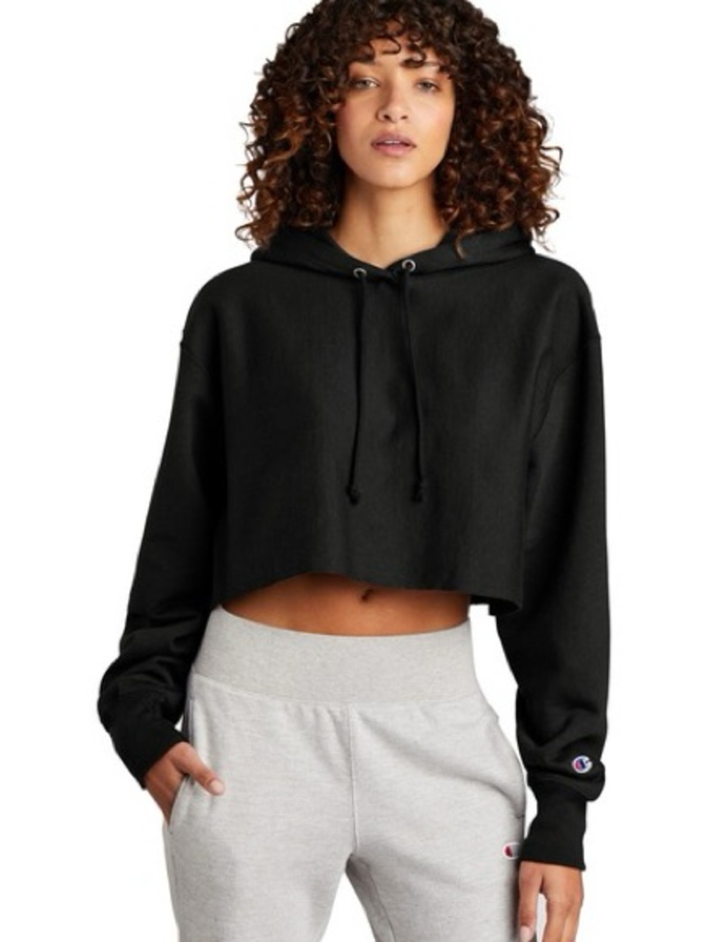 Champion Women's Black Cropped Hoodie with Drawstring
